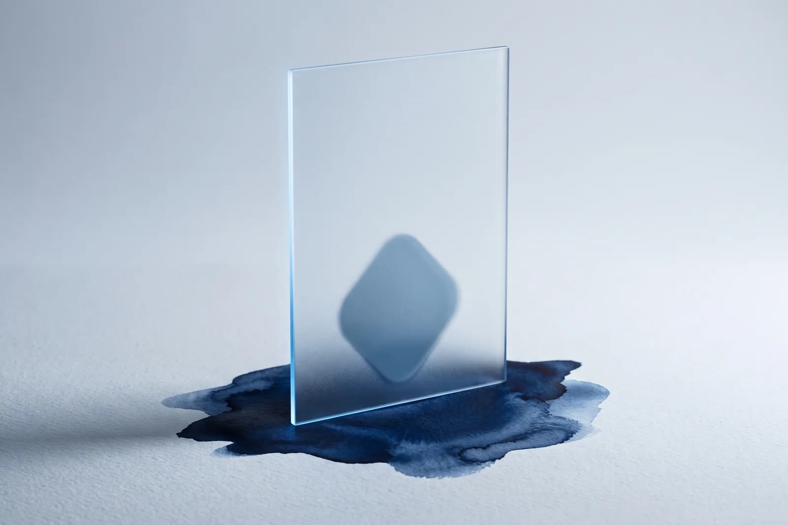 An upright frosted glass pane standing in a pool of navy ink on cool paper, a rounded-diamond form visible through it.